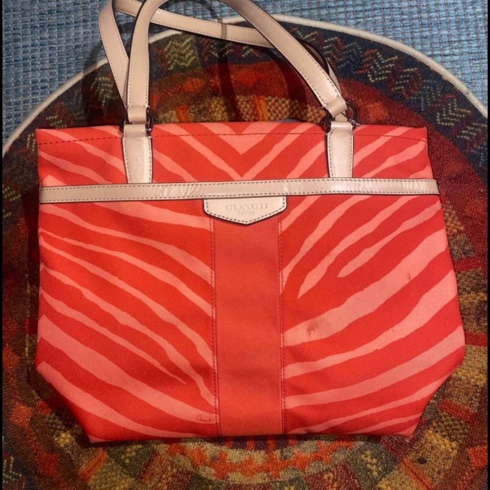 COACH Signature Fabric Orange/Tan Zebra Print Tote Handbag w/Leather Trim